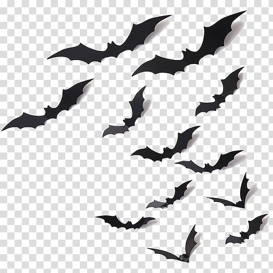 Black bat silhouettes flying on a transparent background