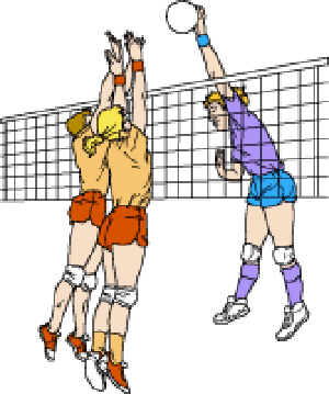 Two volleyball players in orange jerseys jump to block a spike by a player in a purple jersey.