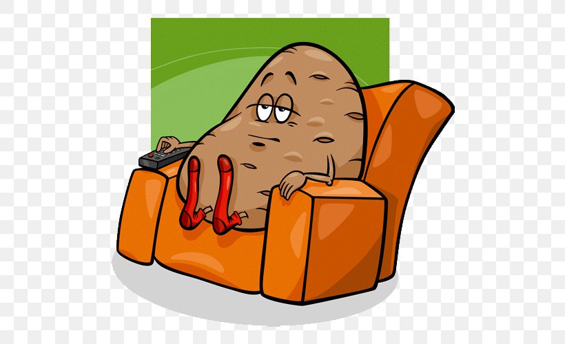 A cartoon potato character sitting in an orange armchair, holding a remote control, with a bored expression.