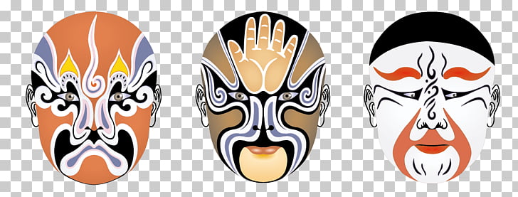 Three traditional Chinese Peking Opera masks with vibrant colors and intricate designs.