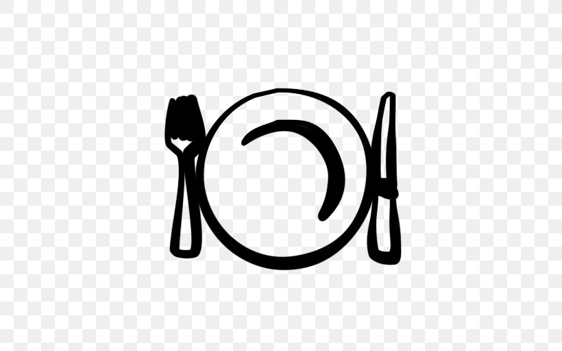Black and white line drawing of a plate with a fork on the left and a knife on the right, representing a place setting.