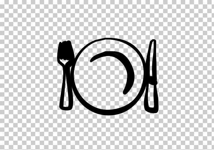 Black and white illustration of a plate with a fork on the left and a knife on the right, set against a transparent background.