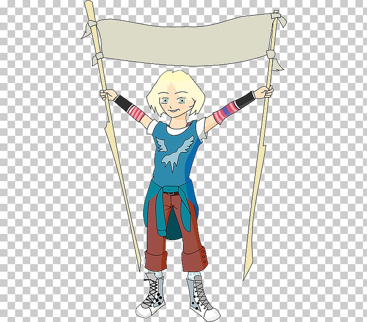 A cartoon character with blonde hair holding a blank banner on two poles, wearing a blue top, red pants, and white boots.