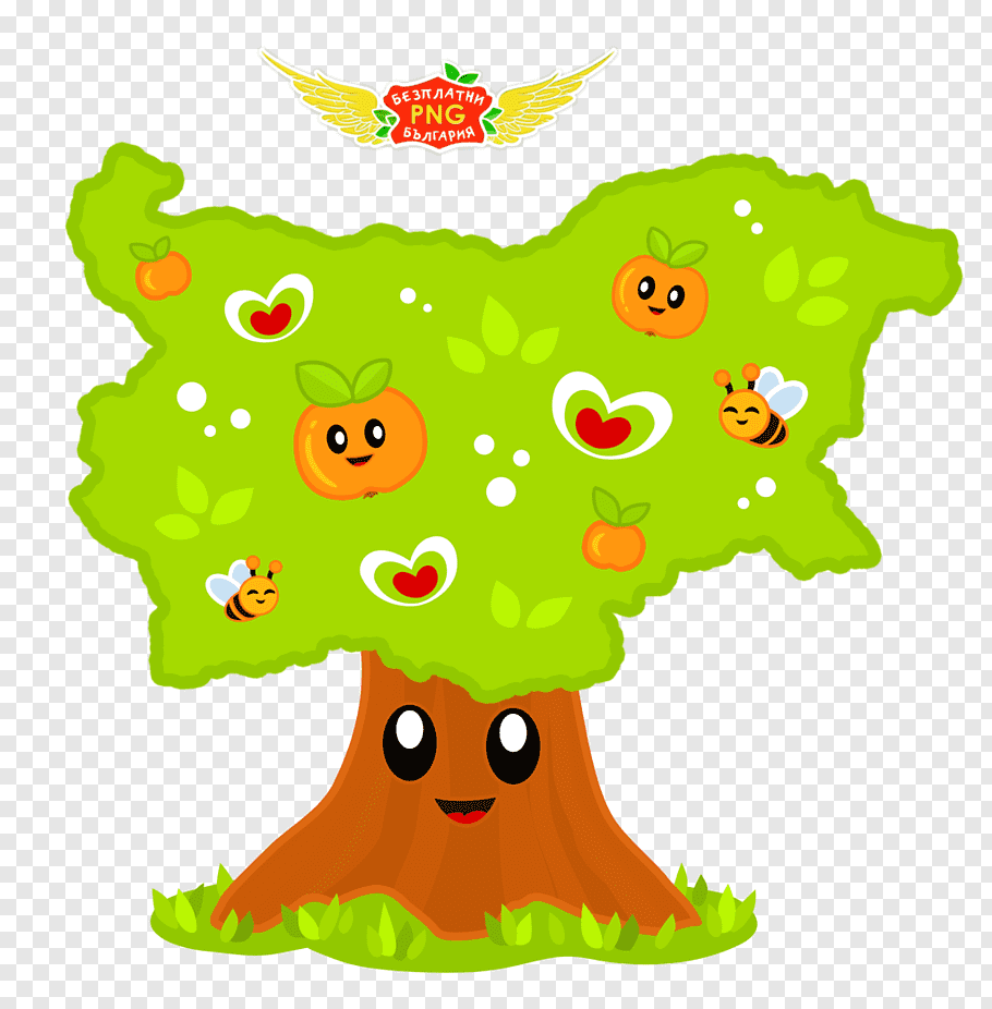A cheerful cartoon tree shaped like the map of Bulgaria, with smiling fruits, bees, and hearts on its green foliage.