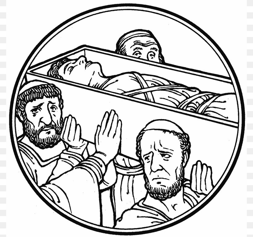 Black and white illustration of the resurrection of Lazarus, showing Jesus raising Lazarus from the tomb with onlookers in awe.