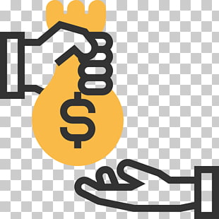 A hand holding a yellow money bag with a dollar sign, being passed to another hand.