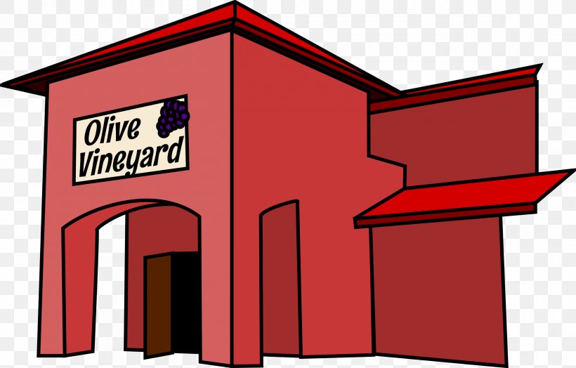Red building with "Olive Vineyard" sign and grape logo, cartoon-style illustration
