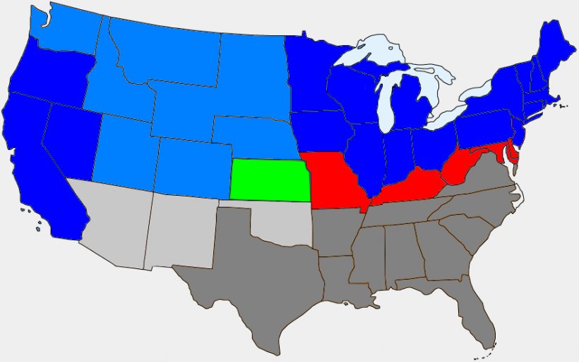 Map of the United States with states colored in blue, red, green, and gray, highlighting regional distinctions.