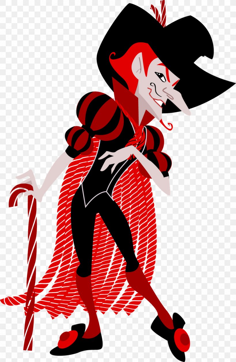 A cartoon character with red and black striped clothing, a black hat, and a candy cane cane, resembling a villainous figure.