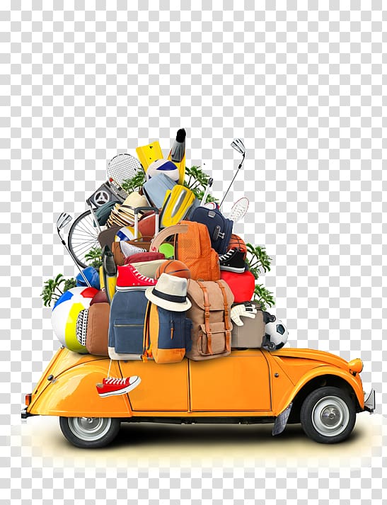 A vibrant orange vintage car overloaded with travel gear, including suitcases, a beach ball, golf clubs, a bicycle, and a soccer ball, symbolizing a packed vacation journey.