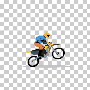 A motorcyclist in a blue jacket and yellow helmet riding a yellow dirt bike on a transparent background.