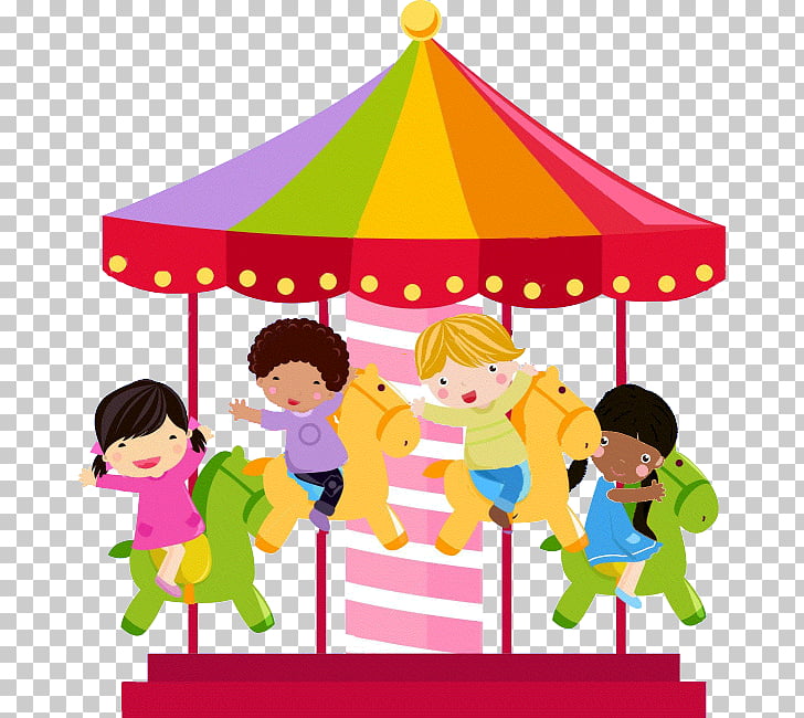 Children riding colorful carousel horses under a vibrant, striped canopy.