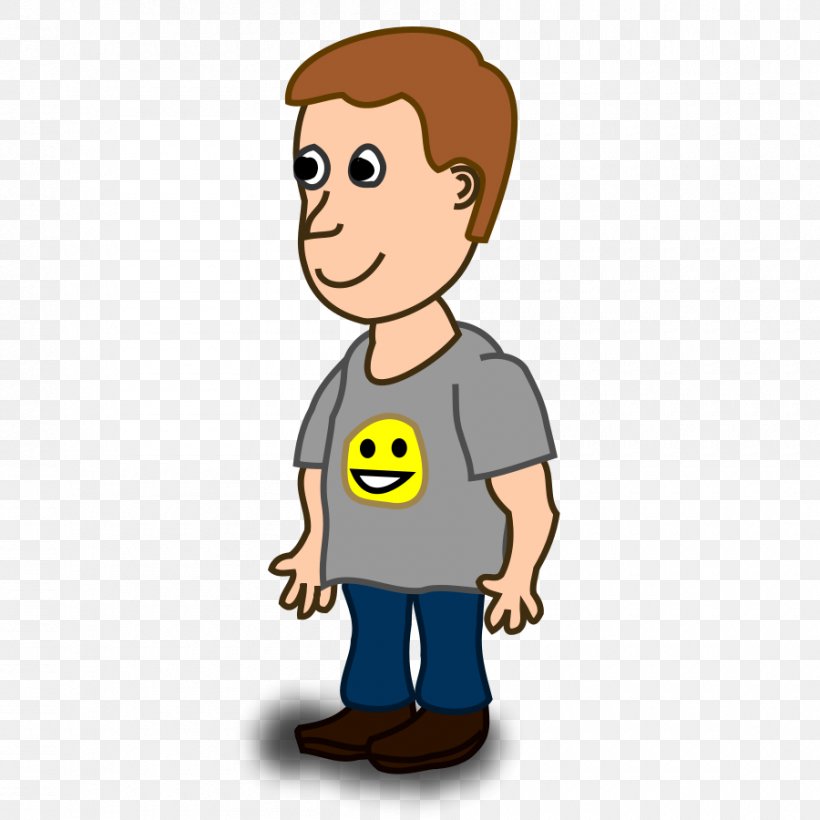 A cartoon boy with brown hair wearing a gray t-shirt with a yellow smiley face, blue jeans, and brown shoes, standing against a transparent background.