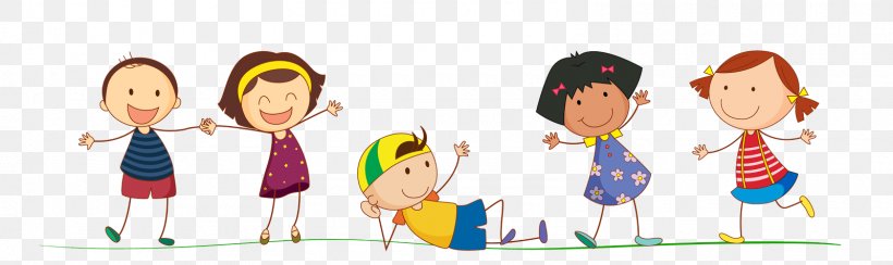 Five happy children playing together on a green line, smiling and waving.