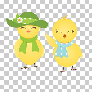 Two cute cartoon chicks, one wearing a green hat and scarf, the other with a blue scarf, standing together on a transparent background.