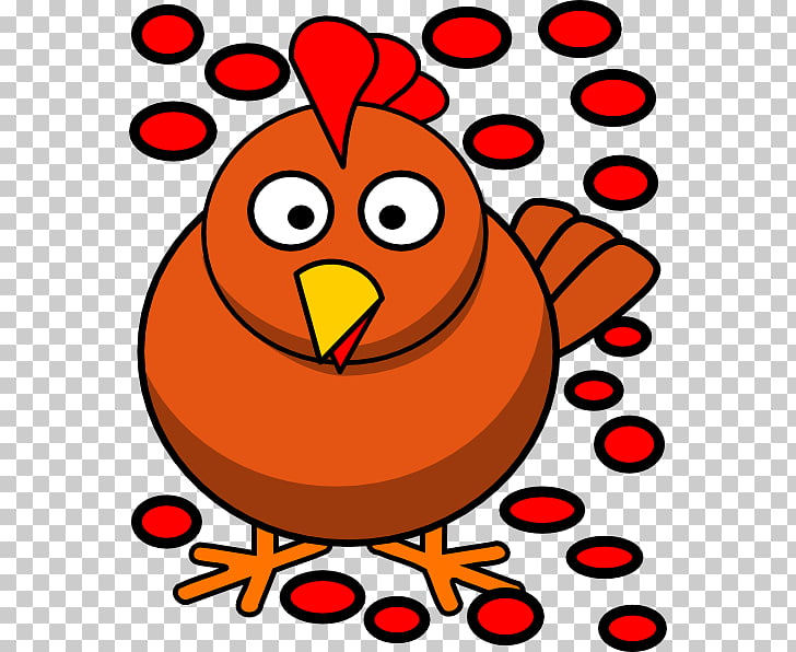 Cartoon chicken with red feathers and yellow beak surrounded by red eggs