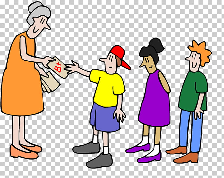 An elderly woman in an orange dress handing a card to a young boy in a yellow shirt and red cap, with two other children standing nearby.