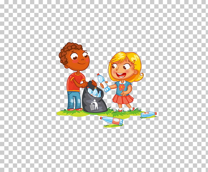 Two children collecting plastic bottles and putting them in a trash bag to clean up the environment.