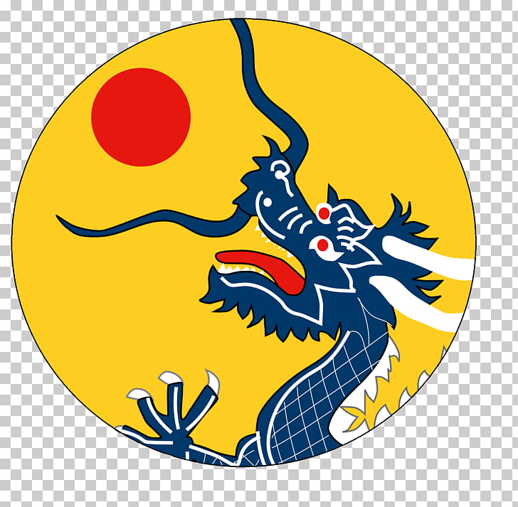 Blue dragon on a yellow circular background with a red sun, representing a traditional East Asian emblem.