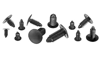 Assorted black plastic and metal fasteners including rivets, screws, and push pins on a white background