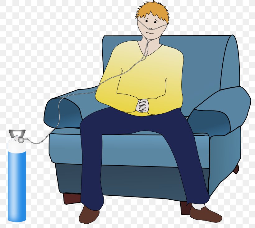 A man with blonde hair wearing a yellow shirt and blue pants sits on a blue armchair, using an oxygen mask connected to a blue oxygen tank.