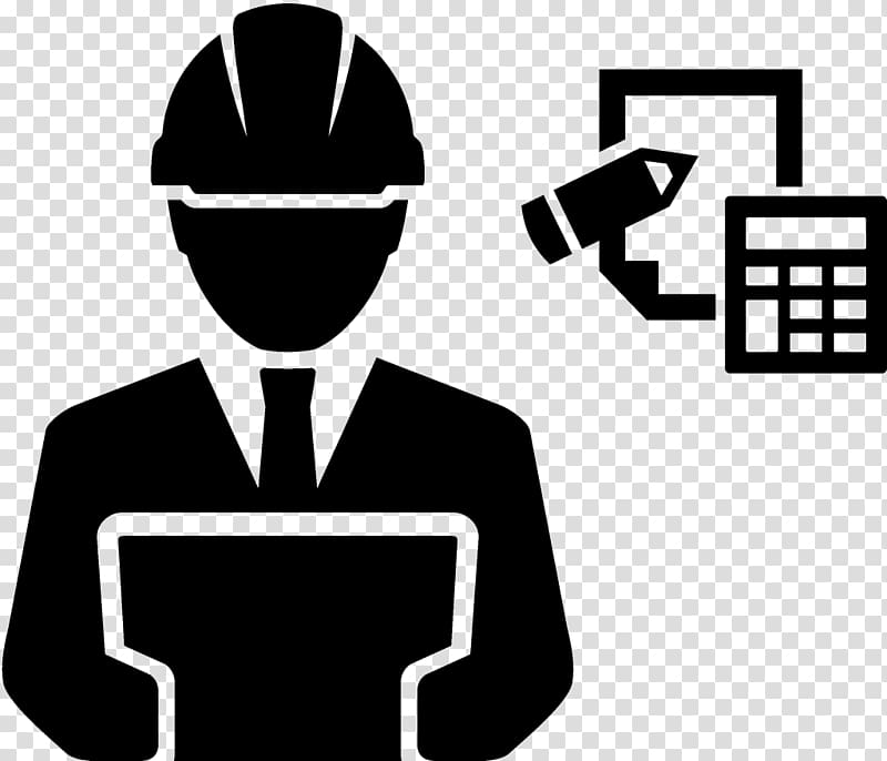 Engineer wearing hard hat holding tablet with calculator and pencil icon nearby