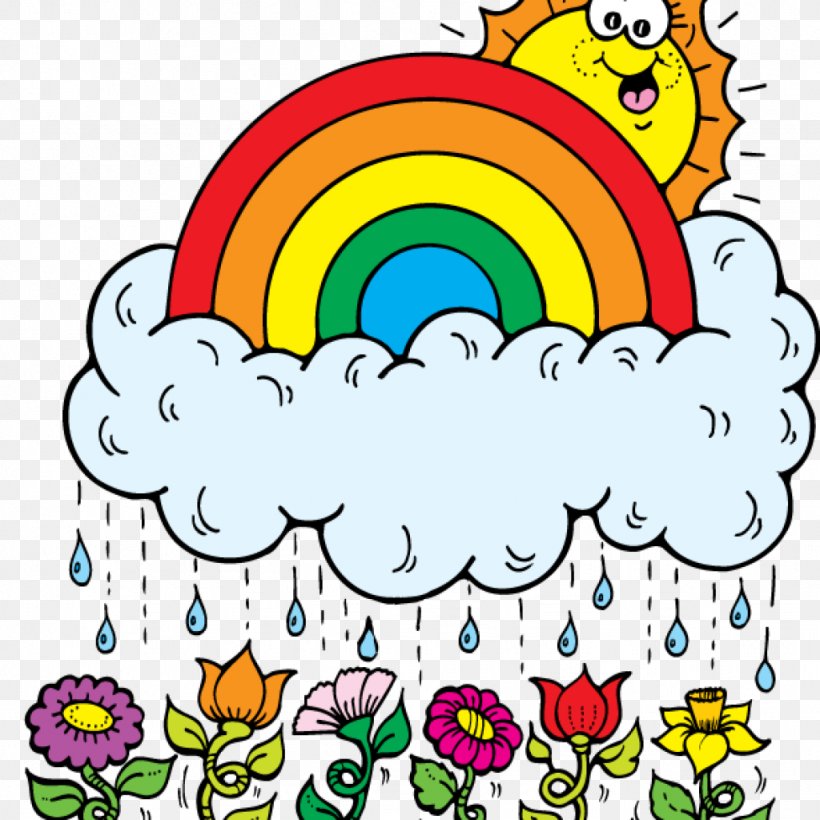 A cheerful cartoon rainbow arching over a cloud with raindrops falling onto colorful flowers, with a smiling sun peeking from behind.
