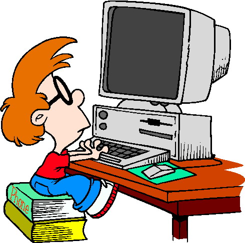 A cartoon boy with red hair and glasses sits on books, using a desktop computer at a desk.