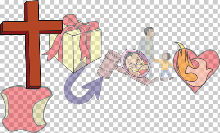 A collage of symbolic images including a red cross, a gift box, a baby in a stroller, a gavel, a heart with a flame, and an apple core, arranged on a transparent background.