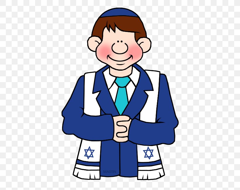 A cartoon boy wearing a blue kippah, a blue suit, a white tallit with Star of David, and a teal tie, standing with hands clasped.