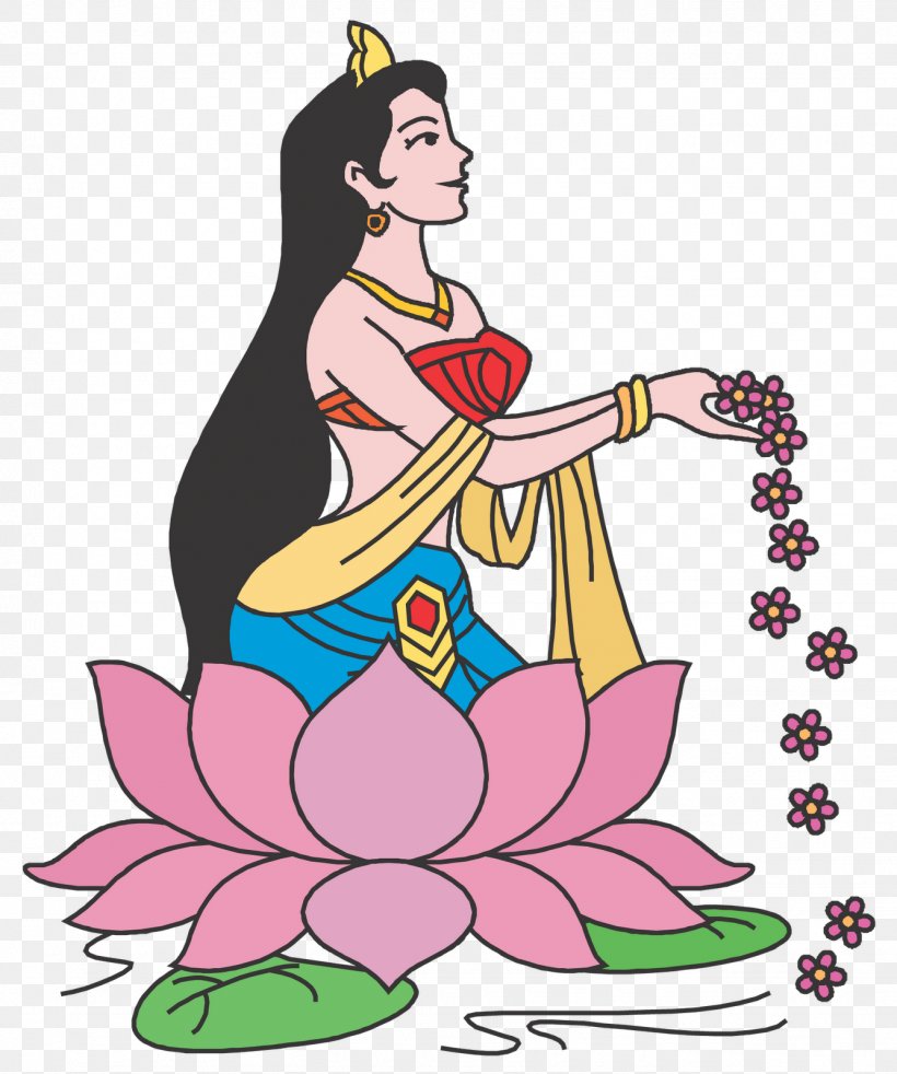 A colorful illustration of a woman with long black hair sitting on a pink lotus flower, wearing traditional attire and holding a string of flowers.