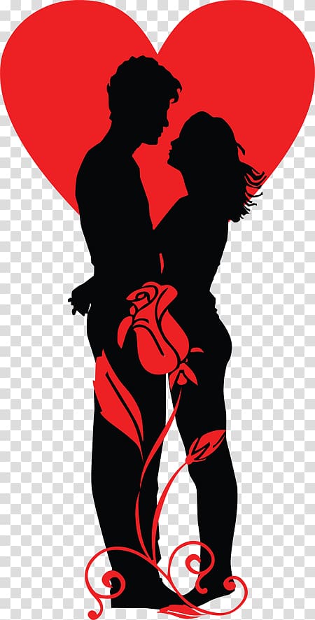 Silhouette of a couple embracing in front of a red heart, with a red rose and vines at their feet.