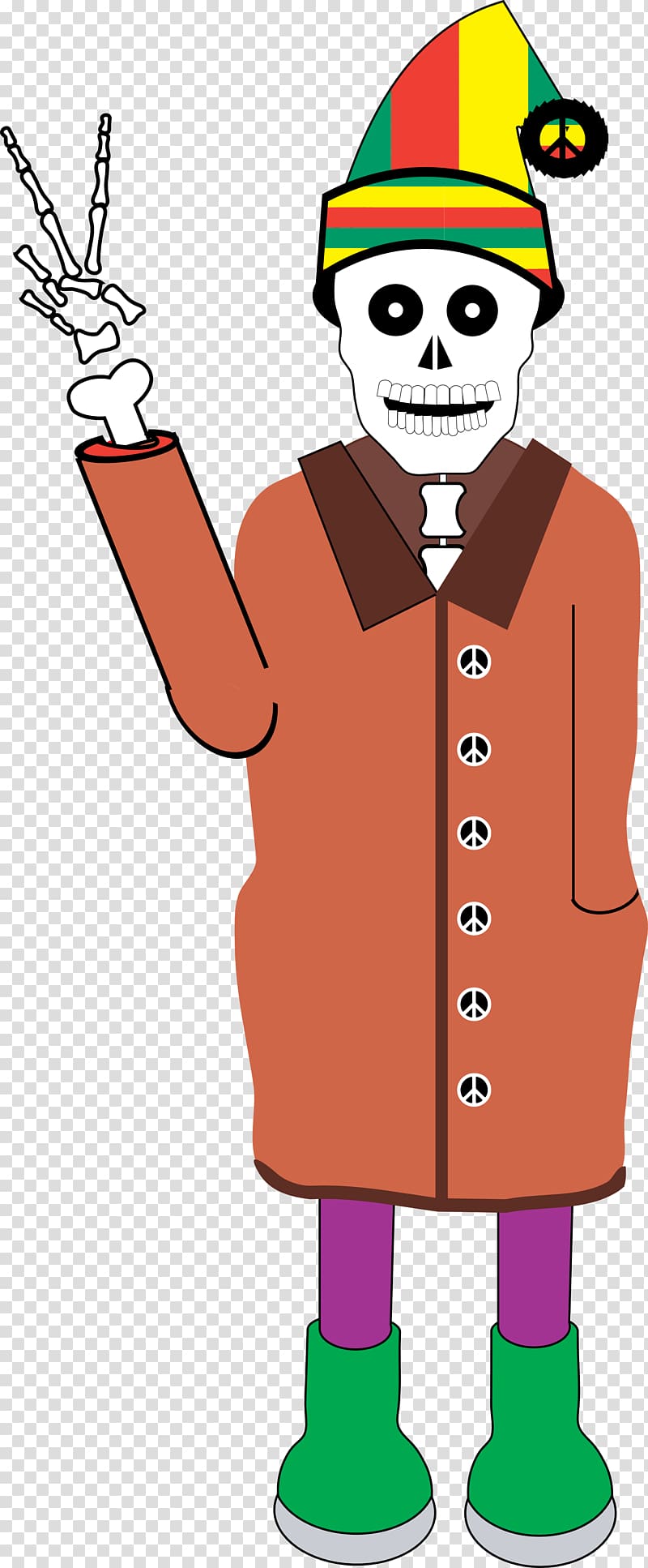 A cartoon skeleton wearing a Rastafarian hat, orange coat with peace sign buttons, purple leggings, and green boots, making a peace sign with its hand.