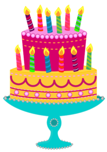A colorful two-tier birthday cake with candles on a stand