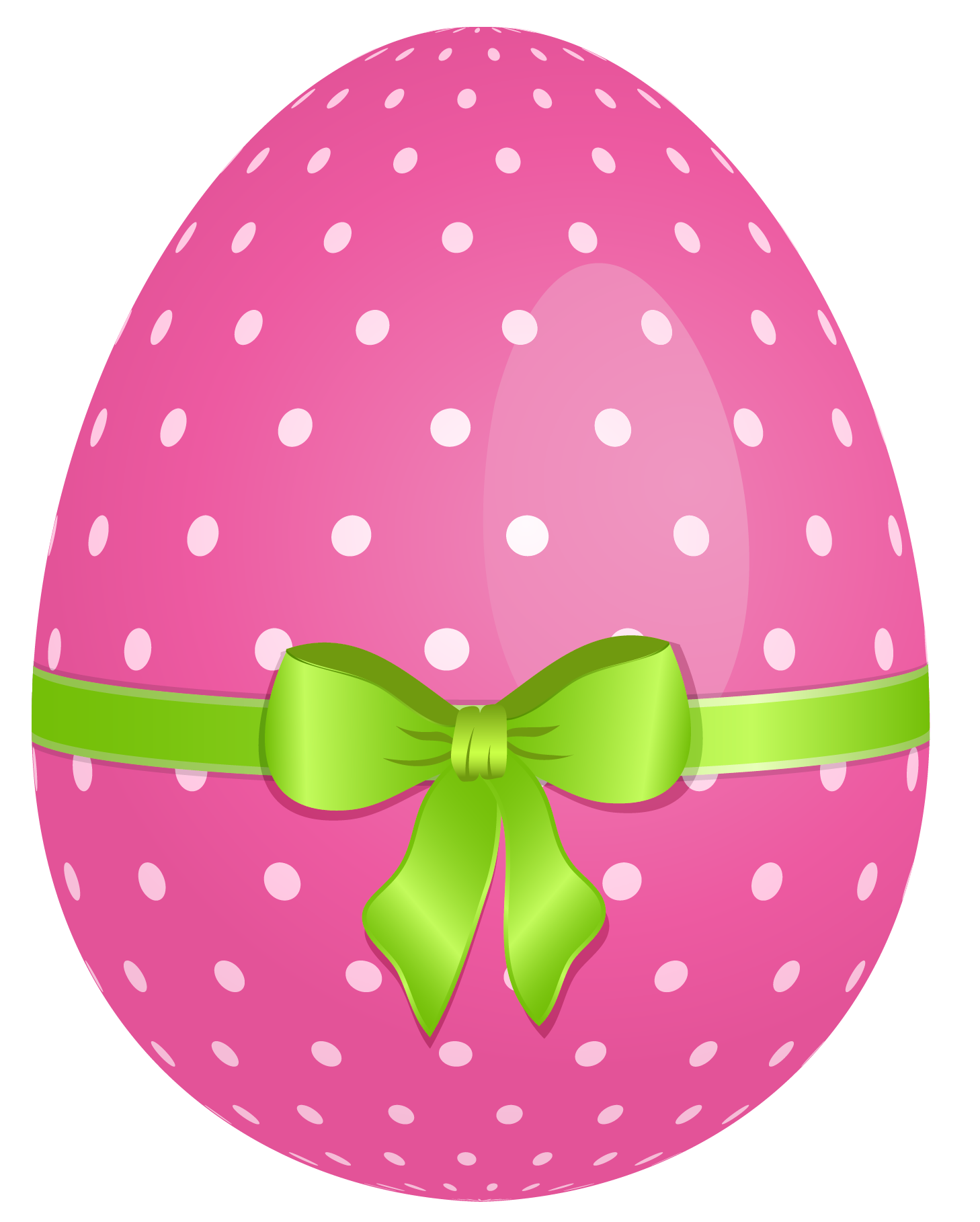 A pink Easter egg with white polka dots and a green ribbon bow.
