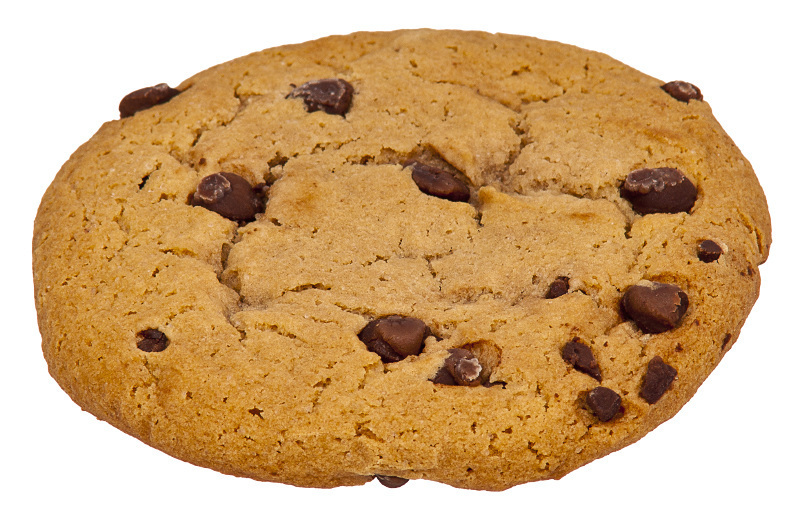 A golden-brown chocolate chip cookie with melted chocolate chips, isolated on a white background.