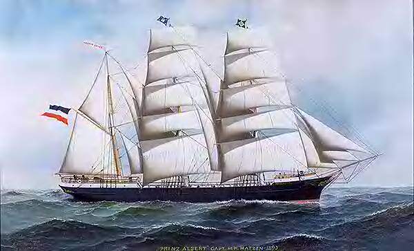 A majestic three-masted sailing ship with full white sails navigating through choppy seas under a cloudy sky, flying a flag with red, white, and blue stripes.