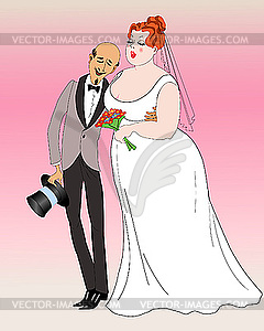 A cartoon illustration of a bride and groom on their wedding day, with the bride holding a bouquet and the groom holding a top hat.