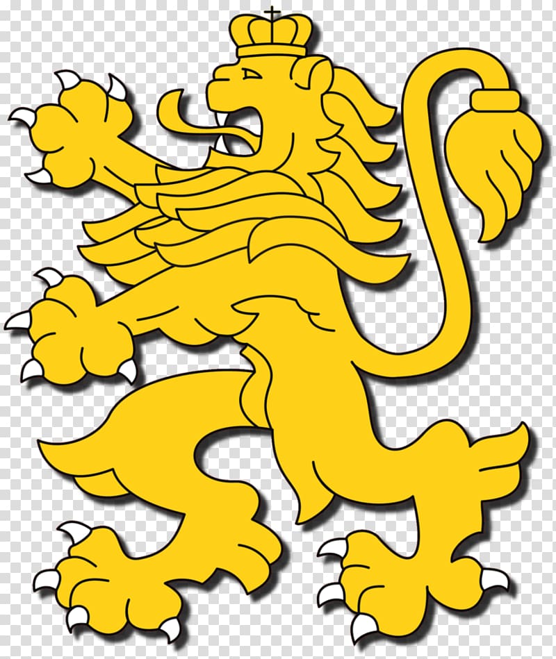 Yellow rampant lion with crown on transparent background