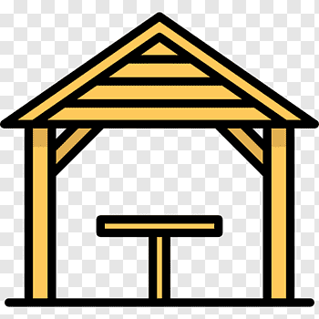 Yellow wooden gazebo with a table inside, on a transparent background