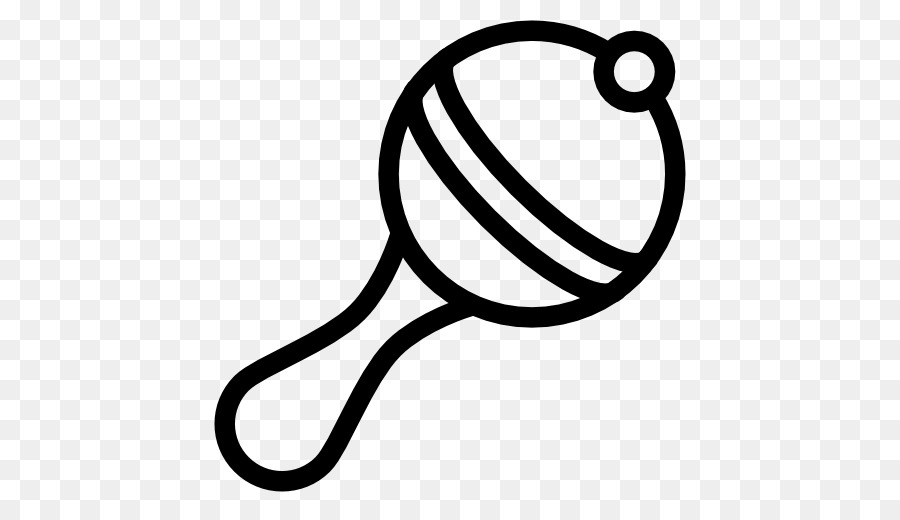 Black and white line drawing of a baby rattle on a transparent background