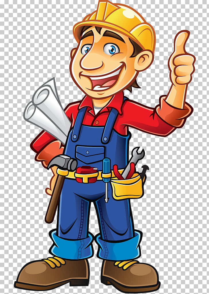 A cheerful cartoon construction worker wearing a yellow hard hat, blue overalls, and a red shirt, giving a thumbs-up while holding a hammer and blueprint.