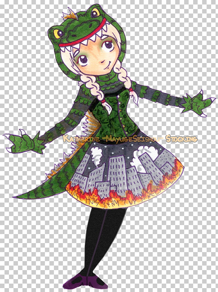 A chibi-style character dressed in a green dragon-themed outfit with a hood, braided hair, and a skirt featuring a cityscape on fire.