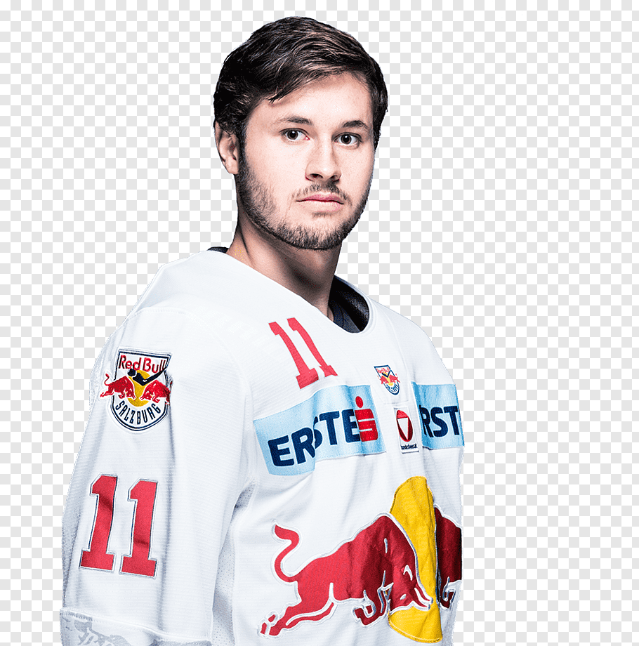 Ice hockey player wearing a white Red Bull Salzburg jersey with the number 11, featuring team logos and sponsor patches.