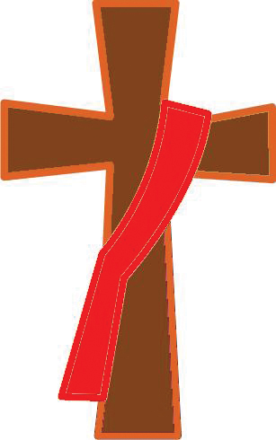 Brown cross with red ribbon draped across it, symbolizing faith and sacrifice.