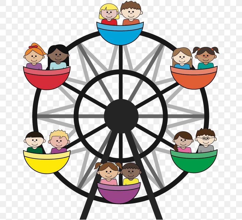 Children riding a colorful Ferris wheel with diverse kids in each gondola.