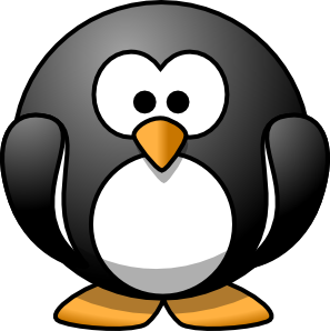 A cartoon penguin with a black body, white belly, orange beak and feet, and large eyes.