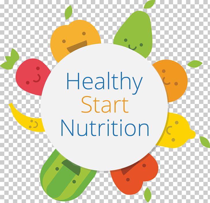 Healthy Start Nutrition logo with colorful smiling fruits and vegetables arranged in a circle around a central white circle with text.