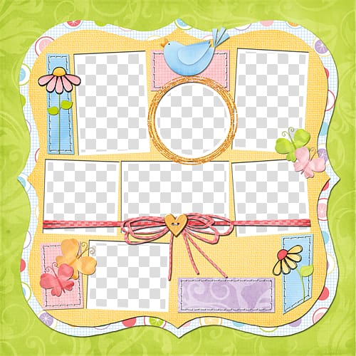 A colorful scrapbook template with photo placeholders, a blue bird, butterflies, flowers, and a heart-shaped ribbon on a yellow background.