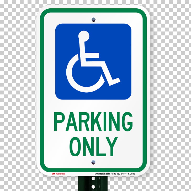 Blue and white handicapped parking sign with green border and text "PARKING ONLY" on a white background.